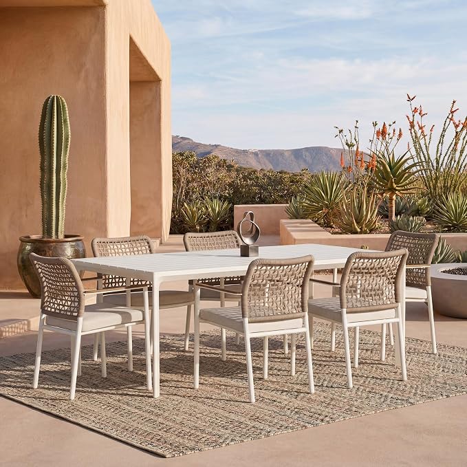 Modern Shade 7 Piece Luxury Outdoor Dining Set, Large Outdoor Table and Chairs with Fade Resistant Cushions & Teak Accents, Premium Aluminum Patio Table and Chairs Set for Outdoor Entertaining, Beige