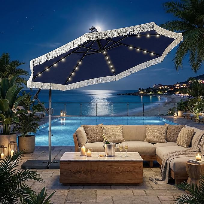 MONDAWE 10FT Cantilever Patio Umbrella with Tassels, 360° Rotation Offset Outdoor Umbrella, Heavy Duty Backyard Shade Umbrella with 180G Fabric for Patio Garden Deck