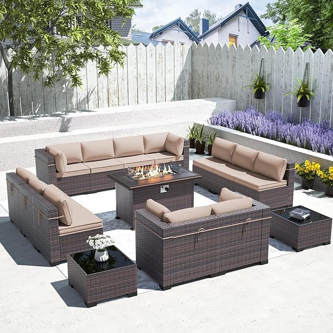 Outdoor Patio Furniture Set with Fire Pit Table, 15 Pieces Outdoor Furniture Set Patio Sectional Sofa w/43in Propane Fire Pit, PE Wicker Rattan Patio Conversation Sets - Brown