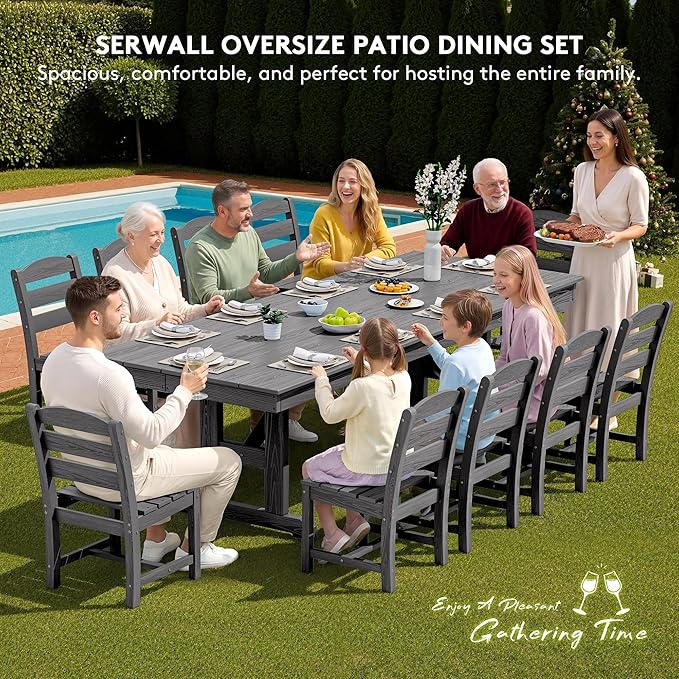 SERWALL 10 Piece Outdoor Dining Set with 15ft Triple-Head Foldable Umbrella(Based not Included), 84" HDPE Outdoor Table and Armless Chairs Set for 8, Gray