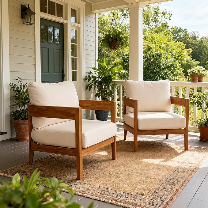 Merax Set of 2 Outdoor Acacia Wood Frame 2pcs Chairs with Cushions for Patio,Garden
