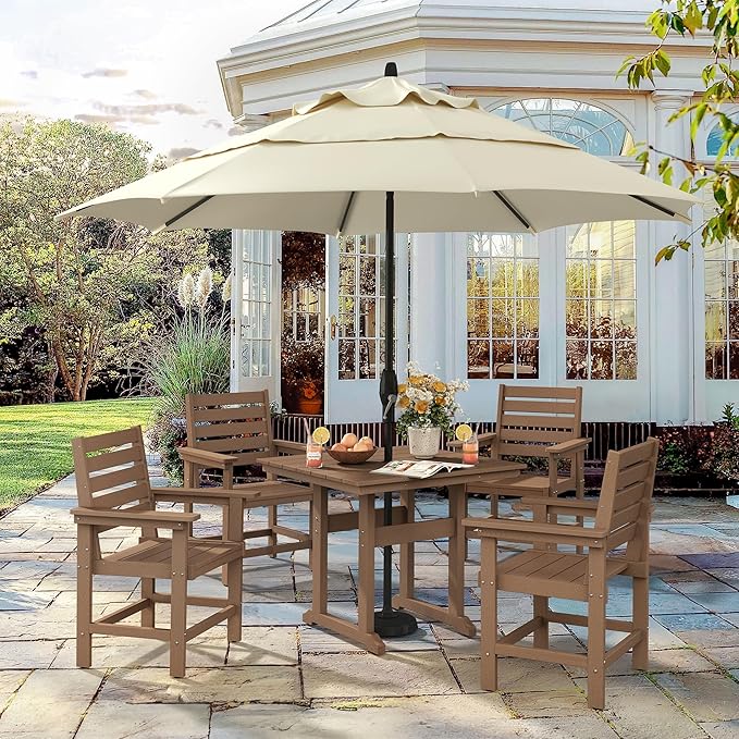 5 Piece Patio Dining Set, 35" Square HDPS Weather Resistant Outdoor Table & 4 Patio Chairs Set with 1.96" Umbrella Hole, Heavy Duty for Small Space Backyard Balcony, Brown