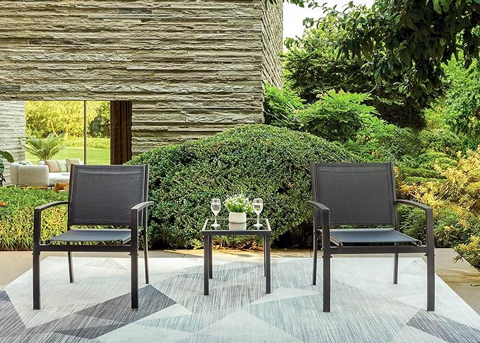 Tuoze 3 Pieces Patio Furniture Set Outdoor Garden Conversation Sets Modern Porch Furniture Lawn Chairs with Glass Coffee Table for Poolside Backyard Balcony,Black