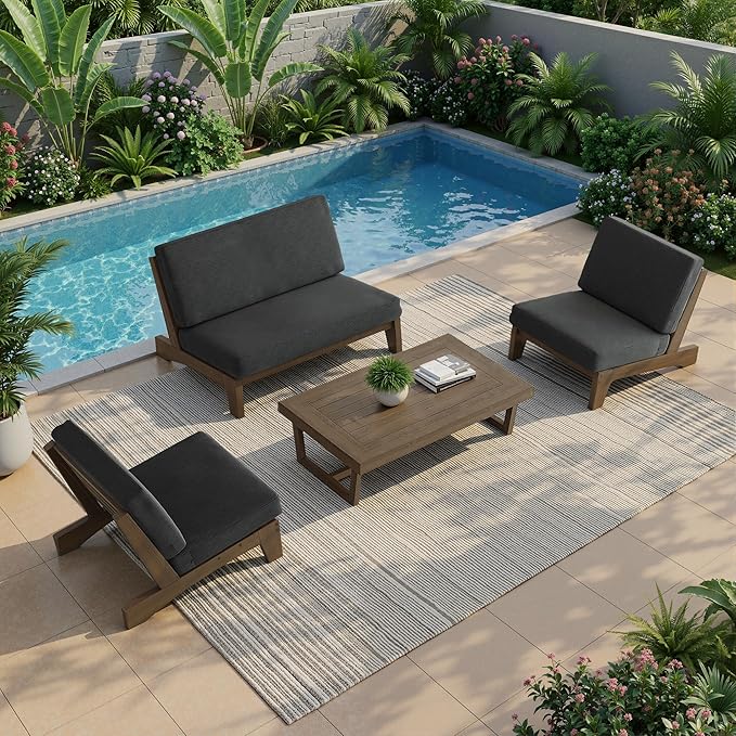 UIXE 7 Pieces Wood Patio Furniture Sets, 2 Patio Loveseat, 4 Patio Bistro Chair, All Weather Outdoor Sectional Sofa Furniture Backyard Conversation Set with Coffee Table - Dark Gray