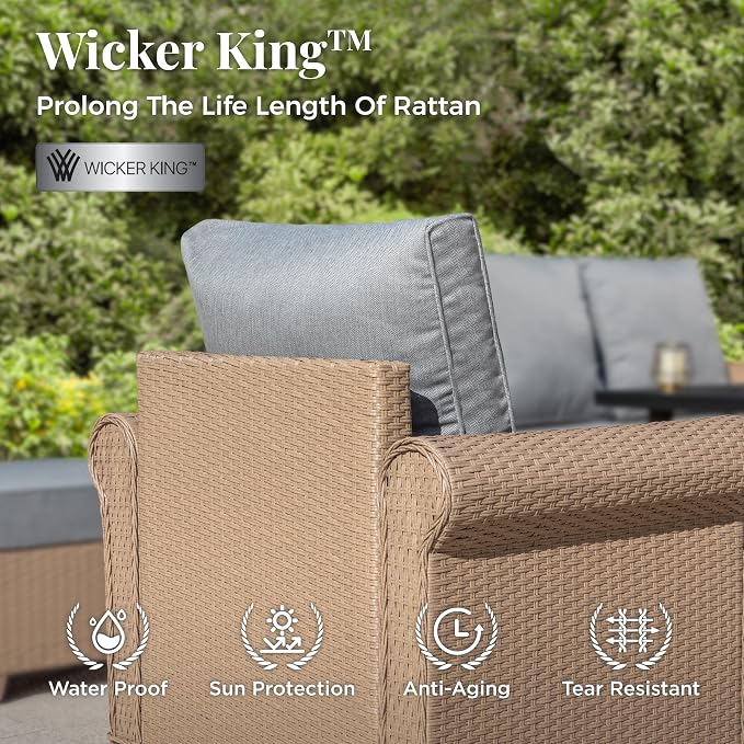 MIXPATIO Patio Furniture Set, 6 Piece Wicker Outdoor Furniture Set with Fire Pit Table & Thick Waterproof Cushions, 7 Seats Patio Conversation Set for Backyard Deck, Gray