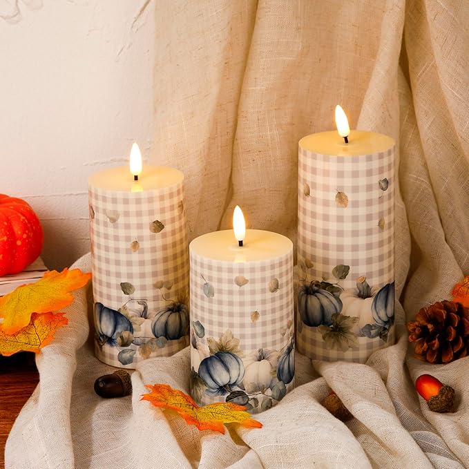 Tuanse 3 Pcs Thanksgiving Fall Flameless Candles Maple Leaf LED Candle Lights Battery Operated Candles Mixed Size Flickering LED Light for Fall Thanksgiving Halloween Harvest(Pumpkin)