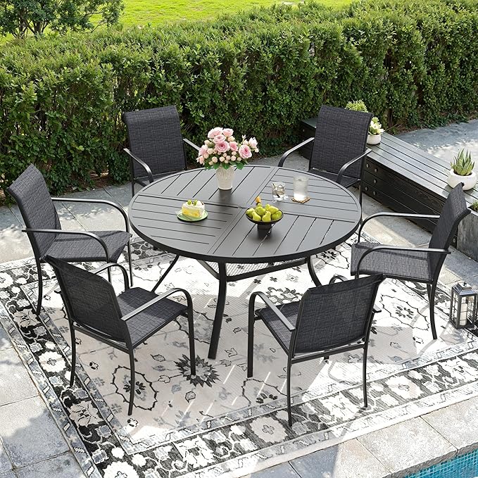 DIFY Patio Dining Set for 6, 7 Piece Outdoor Table and Chairs Set, 47.2" Black Round Metal Patio Dining Table and 6 Grey Textilene Stackable Patio Chairs, for Backyard Garden Poolside