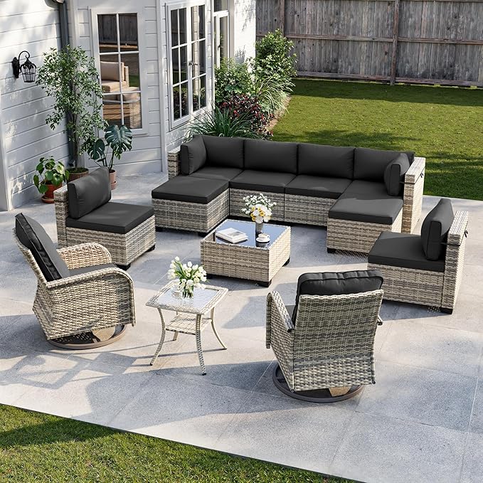 12-Piece Patio Furniture Set, Outdoor Patio Furniture with Swivel Chairs Set, Ottomans, Modular Patio Sofa, Dual-Strand Wicker Rattan, Rust-Resistant Frame, Black