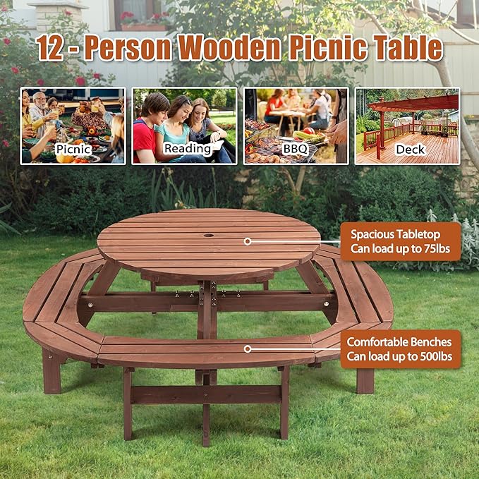 8 Person Outdoor Picnic Table with 4 Ring Built-in Benches Round Wood Picnic Table with Umbrella Hole, Outside Picnic Tables and Bench Set for Garden,Patio, Backyard,2220LBS Capacity,Walnut Brown