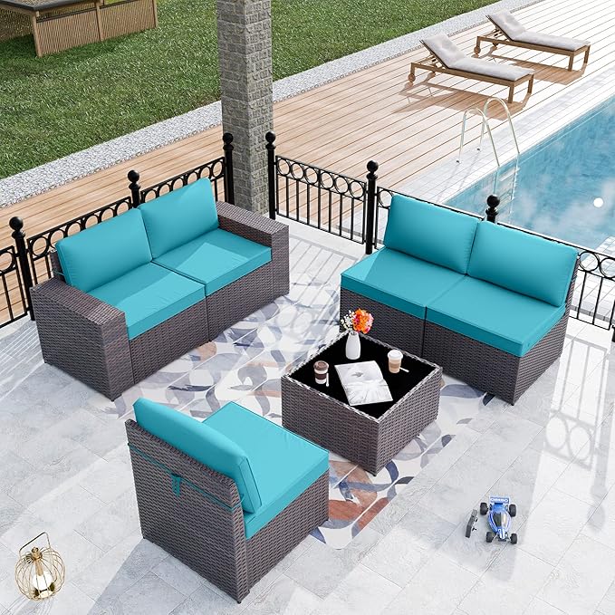Patio Furniture Set Sofa 6-Pieces Wicker Sectional Sofa Set, Outdoor Furniture Rattan Patio Conversation Set with Thickened Cushion and Glass Coffee Table, Blue