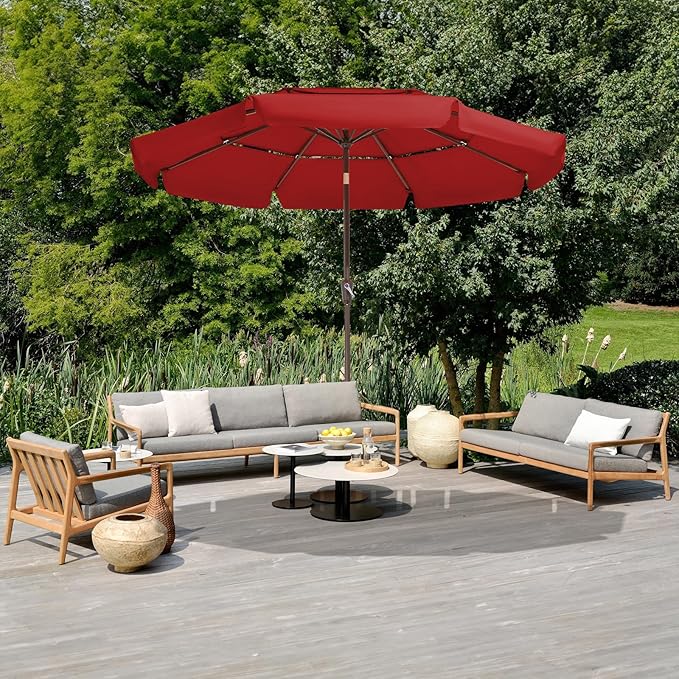 JEAREY 3 Tiers 9 FT Patio Umbrellas Outdoor Table Umbrella with Push Button Market Umbrella 8 Sturdy Ribs UV Protection Waterproof for Garden,Red
