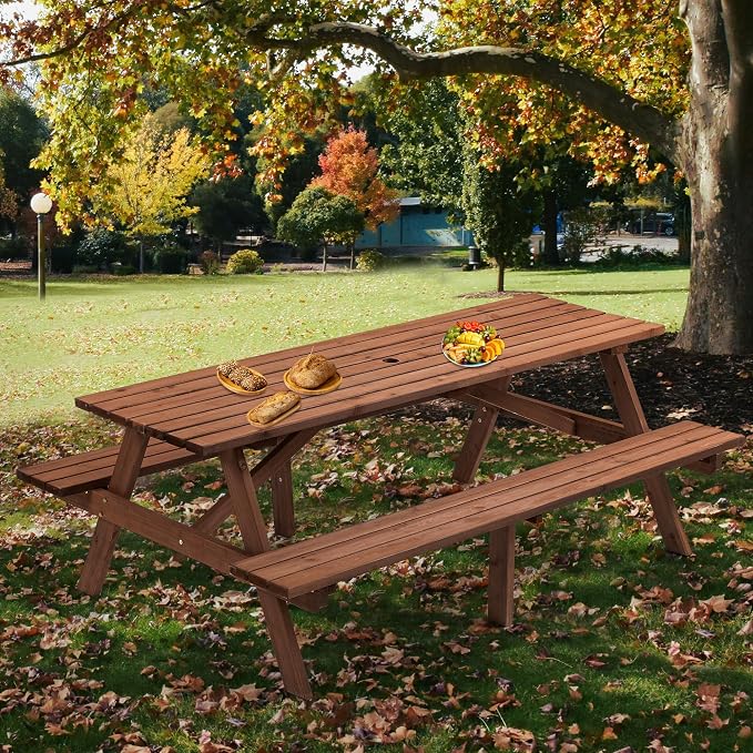 Brown 75" Rectangular Picnic Tables for Outdoors,8 Person Wooden Picnic Tables,Outdoor Camping Dining Tables with 2 Seats DIY with 2 Built-in Benches for Garden Courtyard BBQ