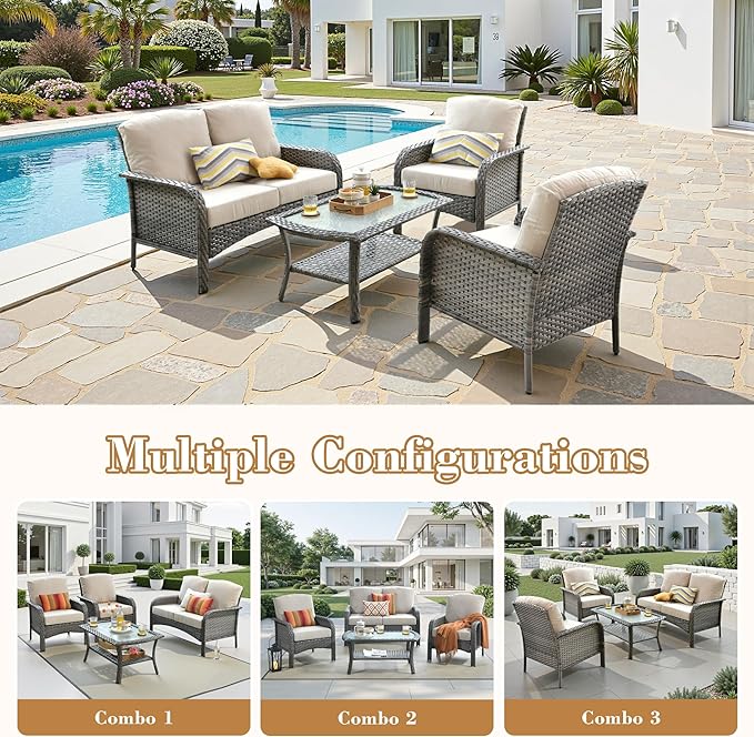 4 Pieces Patio Furniture Set, Small Outdoor Patio Set with Coffee Table, All-Weather Rattan Wicker High Back Conversation Set Loveseat with Chairs for Porch, Backyard, Balcony, Beige