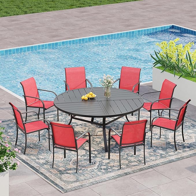 VICLLAX 9 Pieces Patio Outdoor Dining Set, 53" Round Metal Table with Umbrella Hole and 8 Stackable Textilene Chairs for Patio, Lawn, Garden, Porch, Black/Red