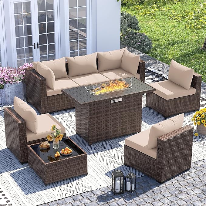 UDPATIO Furniture Set with Fire Pit Table, 8 Piece Sectional Sofas, All-Weather Wicker Conversation for Garden, Backyard, Khaki
