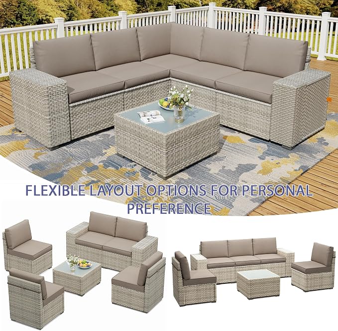 6 Piece Patio Furniture Set, 9.8" Wide Arm Sectional Sofa with Storage Armrests, All-Weather Rattan Outdoor Conversation Set for Garden, Porch, Lawn, Backyard, Balcony, Khaki