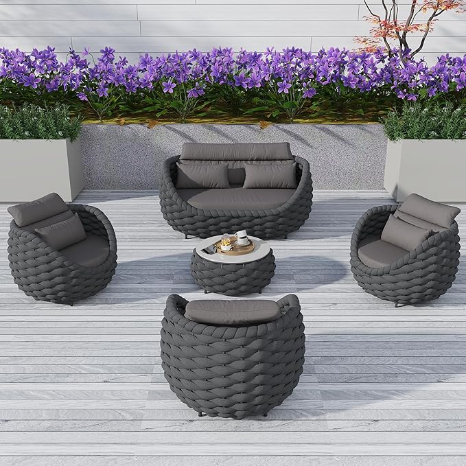 TWT 5 Pieces Patio Furniture Set, Outdoor Rope Conversation Sectional Patio Sofa with 5 Seater for Backyard, Porch, Modern Armchairs with Thickness Cushions and Side Table, Dark Grey