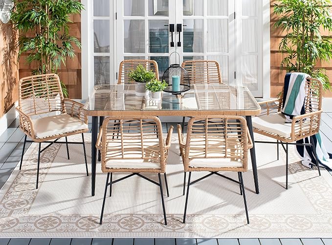 SAFAVIEH Outdoor Collection Beson Brown/White 7-Piece Dining Set PAT9010A-3BX