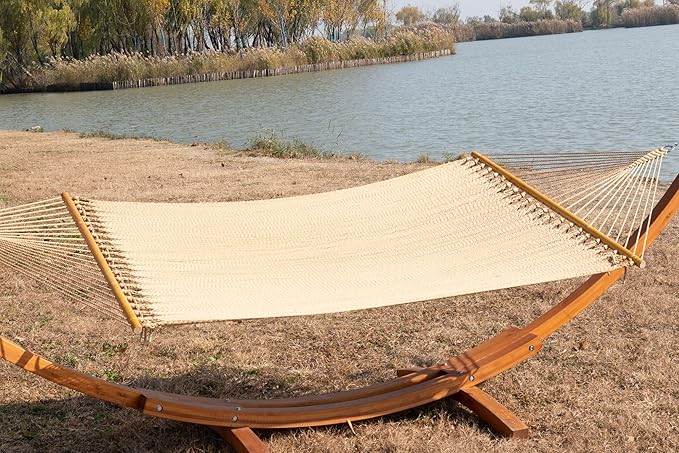 Double Saniwerke Caribbean Hammock, Hand-Woven with Wooden Spreader Bars, 79" Wide x 12 ft Long, Outdoor Indoor Use, Double Person Hammock for Patio Balcony Porch Relaxation, Soft Tan