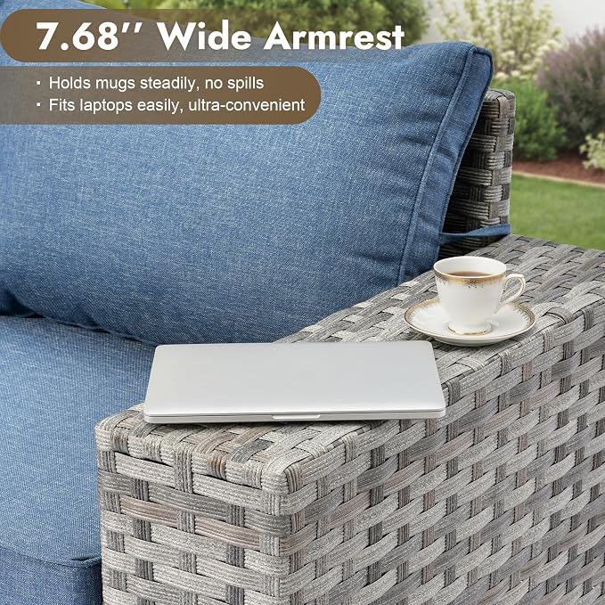 12 Pieces Patio Furniture Set, Wicker Outdoor Sectional Sofa with Coffee Table Comfy Cushions, Modern Modular Deep Seat Rattan Couch Conversation Set for Backyard Porch Yard,Denim Blue