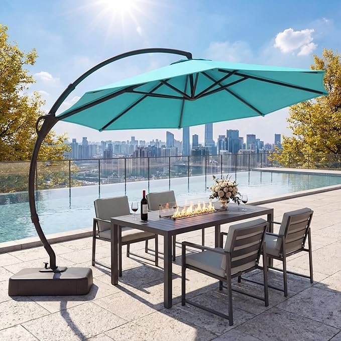 EO Living Outdoor Patio Umbrella with Base included, 11 FT Deluxe Curvy Cantilever Umbrella Heavy Duty Offset Hanging Umbrella with 360° Rotation for Pool, Garden, Backyard, Deck (Turquoise Blue)