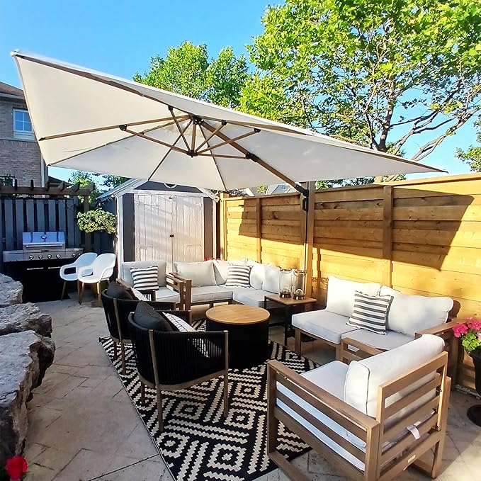 PURPLE LEAF 9' x 12' Rectangle Patio Cantilever Umbrella Large Hanging Umbrella Teak Finished Aluminum Frame Windproof Offset Outdoor Sun Umbrellas for Beach Pool Deck, Cream