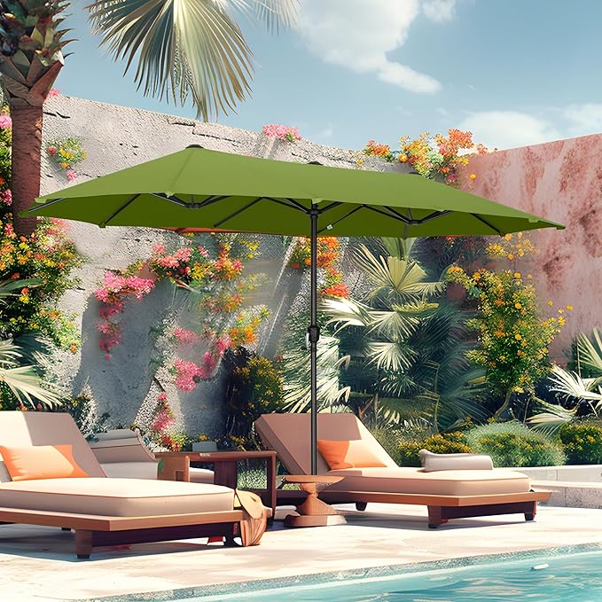 MFSTUDIO 13ft Outdoor Patio Umbrella, Double Sided Large Rectangular Umbrella Market Table Twin Triple Rectangle Umbrellas with Crank Handle for Outside Picnic Backyard Deck Pool (no base)