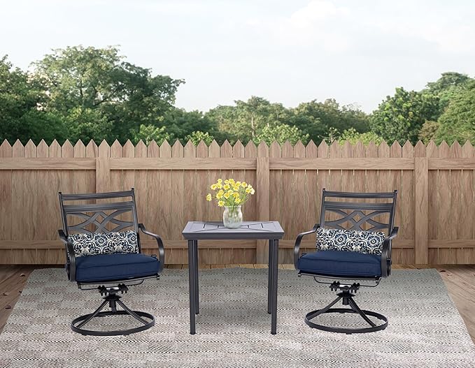 Hanover Montclair 3-Piece Patio Conversation Set, 2 Swivel Rocker Chairs with Comfortable Seat and Lumbar Cushions, 27" Square Stamped Rectangle Table, All-Weather Outdoor Bistro Set