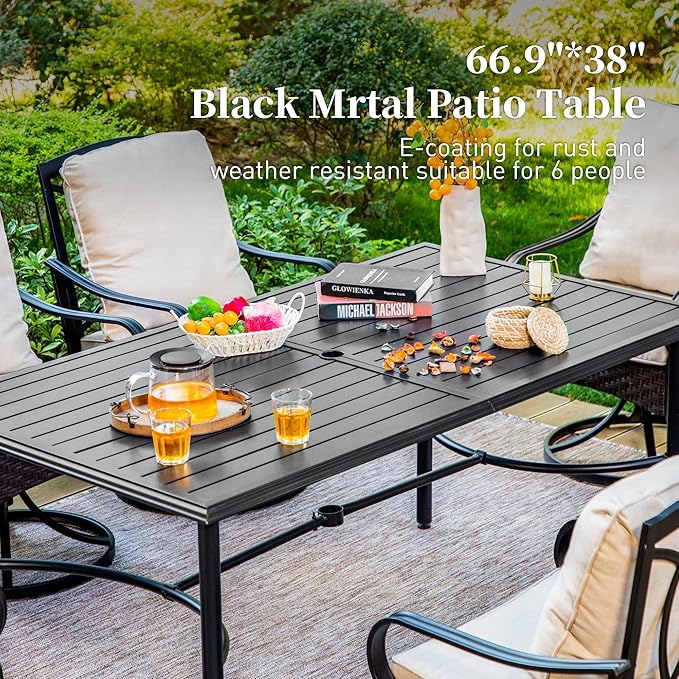 SUNSHINE VALLEY 7 Piece Patio Dining Sets for 6, Outdoor Table and Chairs with Cushioned Wicker Patio Dining Chairs & Black Dining Table (1.57-1.9”Umbrella Hole), Outdoor Dining Sets for Lawn Backyard