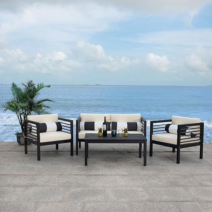 SAFAVIEH Outdoor Collection Alda Black/ Beige Cushions/ Striped Bolster Pillows 4-Piece Conversation Patio Set