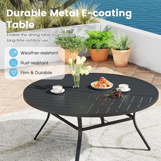 9 Pieces Patio Furniture Dining Set, 8 Textilene Swivel Dining Chairs, 60" Outdoor Round Metal Table with 1.57" Umbrella Hole, Outdoor Dining Set for Porch, Lawn, Garden, Black/Black