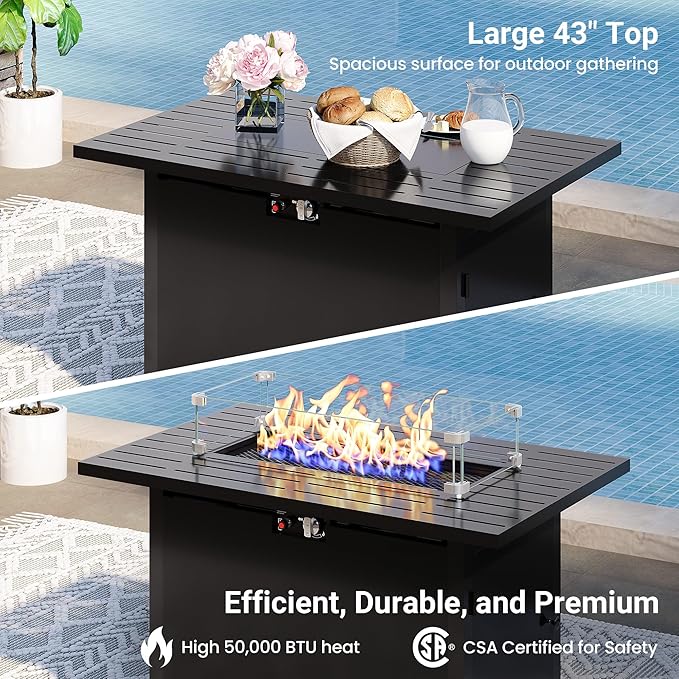 8 Pieces Outdoor Patio Furniture Set with 43" Fire Pit Table, Wicker Outdoor Patio Sectional Sofas with Coffee Table and Cushions, All-Weather Patio Conversation Set for Backyard Garden, Navy Blue