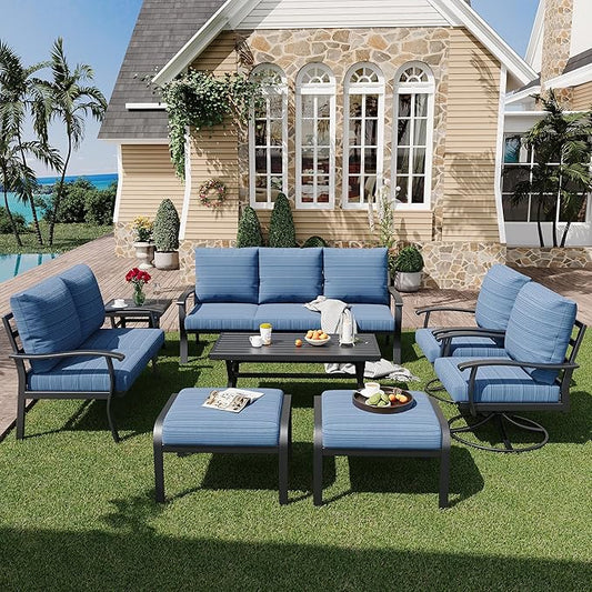 HOMREST Outdoor Furniture Thickened Cushion 360 Degree Swivel Rocking Patio Chairs with Ottomans and 3-Seat Sofa, Loveseat, Coffee Side Table, 8 PCS Metal Conversation Set for Garden, Deck, Poolside