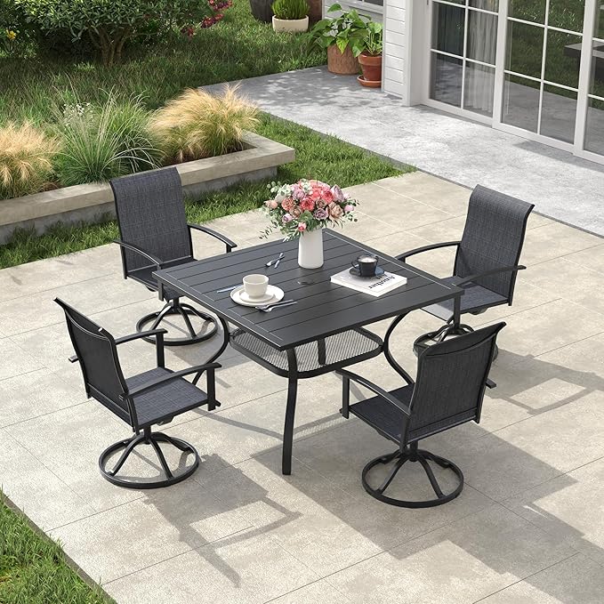 VICLLAX Outdoor Table and Chairs Set for 4, Patio Dining Set of 37.8" Metal Square Patio Table with Umbrella Hole & 4 Swivel Outdoor Dining Chairs for Backyard Lawn, Charcoal & Black