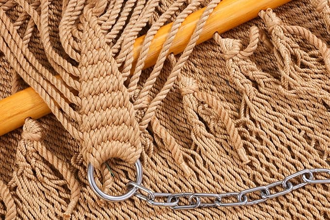 Double Saniwerke Caribbean Hammock, Hand-Woven with Wooden Spreader Bars, 79" Wide x 12 ft Long, Outdoor Indoor Use, Double Person Hammock for Patio Balcony Porch Relaxation, Soft Tan