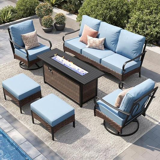 PHI VILLA Patio Furniture Set with 56" Fire Pit Table, Metal Frame Outdoor Conversation Sets, Wicker Patio Sectional Swivel Chairs with Ottomans for Porch, Deck, Poolside(6 Pieces, Blue)