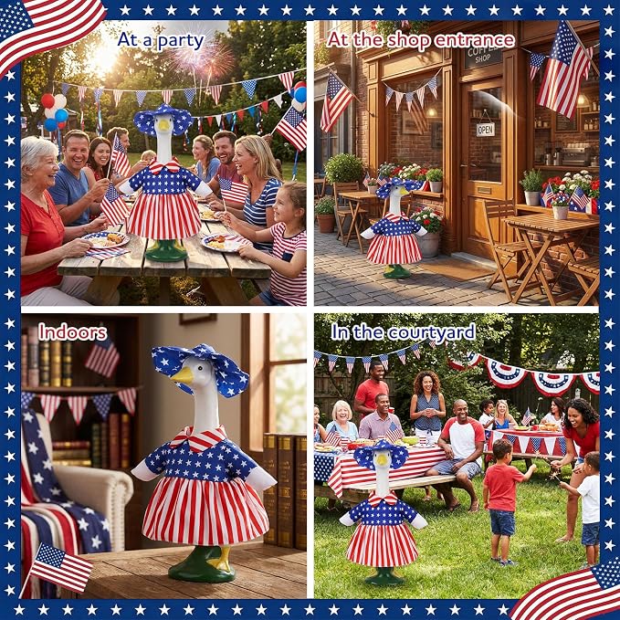 Patriotic Porch Goose Outfits, Porch Goose 4th of July Outfits for 23" Lawn Statue, Cute Independence Day Goose Clothes for Front Porch Outdoor Patio Yard 250th Anniversary Decoration
