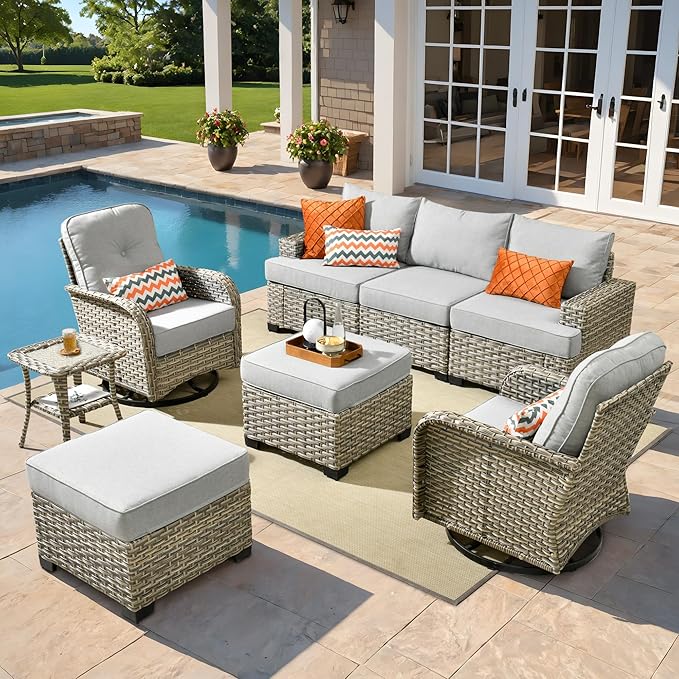 8 Pcs Outdoor Sectional Patio Furniture Set with Swivel Rocking Chair and Ottomans - All Weather Wicker Outside Sectional Couch,Patio Seating Outdoor Conversation Sets for Deck Yard Garden,Grey
