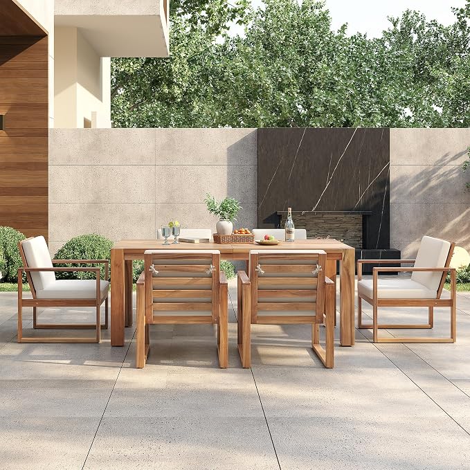7 Piece Patio Dining Table Set with Umbrella Hole, Outdoor Acacia Wood Furniture Set with Removable Cushion for Garden, Backyard, Lawn, Poolside (Beige,Light Teak)