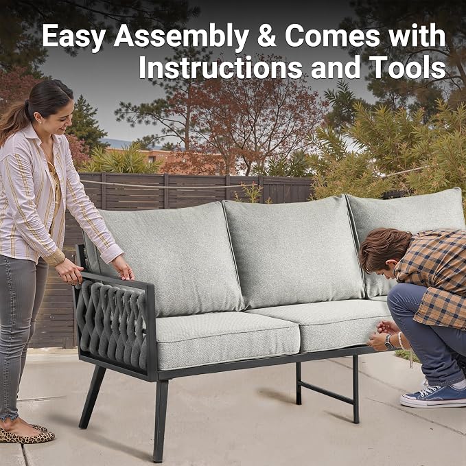 Weaxty Modern Patio Furniture Set 6 Piece, Rope Outdoor Patio Conversation Sets Sectional Sofa Swivel Chairs Table Ottoman, All Weather Metal Balcony Furniture for Backyard Garden, Grey