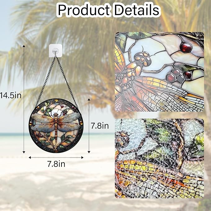 DASTOLL Stained Glass Window Hanging - Dragonfly Plant Suncatcher Ready to Hang Window Doors Home Decoration, Christmas, Mother's Day Birthday Gifts for Women, Men, and Mom 9.8x9.8 in