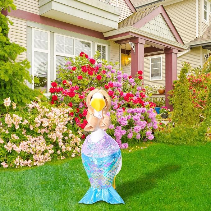 Mermaid Porch Goose Outfits Summer Goose Shiny Mermaid Dress & Wigs Princess Goose Clothes Fits 23'' Geese Statue for Holiday Birthday Outdoor Beach Yard Lawn Garden Decor