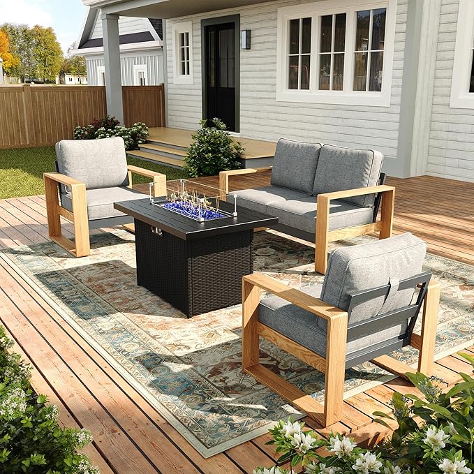 Oversized Aluminum Outdoor Patio Furniture Set, 4-Piece Modern Sectional Conversation Sets with Fire Pit Table, Wide Seat and Thick Cushions