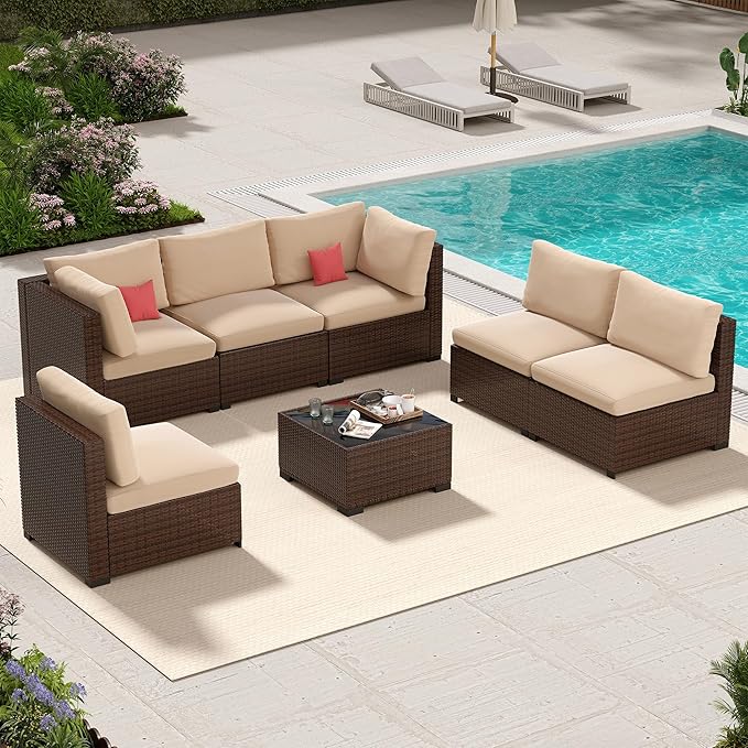 LHBcraft 7 Piece Outdoor Patio Furniture Set, Wicker Hand-Woven Patio Furniture Set Outdoor Patio Sectional Sofa for Backyard Rattan Seating with Beige Cushion
