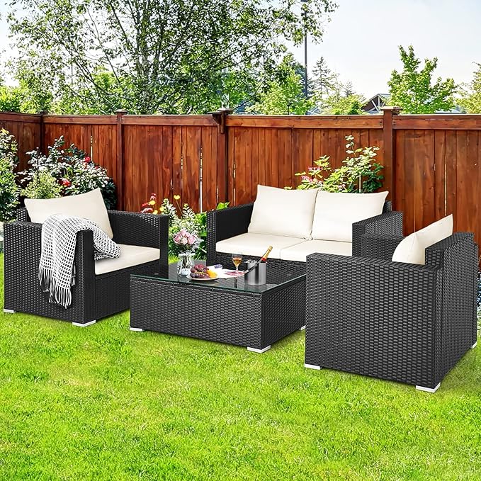 COSTWAY 4-Piece Patio Rattan Furniture Set, Cushioned Sofa Chair, Loveseat and Coffee Table with Tempered Glass Top, Outdoor Conversation Sets for Garden Poolside Balcony Porch (White)