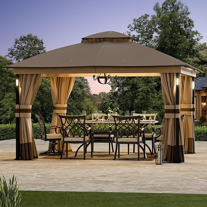 Covered Outdoor Patio Gazebo 11'x13' with LED Lights & Bluetooth Speaker, Heavy Duty Outdoor Canopy Shelter with Metal Frame, Double Roofs, Soft-top Gazebo with Netting and Curtains for Backyard