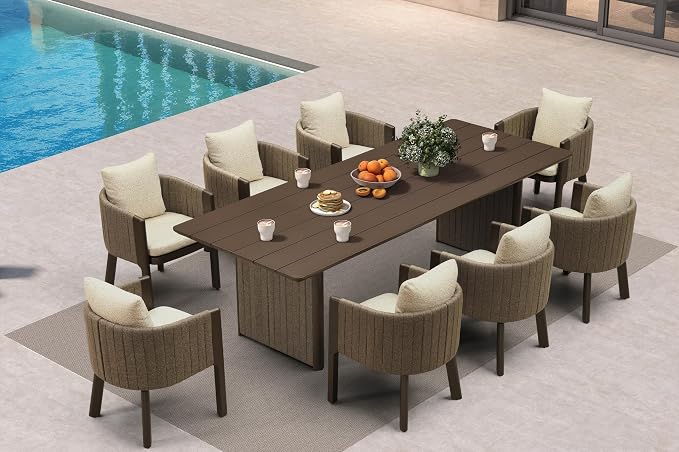 PURPLE LEAF Luxury 9-Piece Outdoor Dining Set for 8 Powder-Coated Aluminum Patio Table and Handwoven Olefin Rope Chairs with Cushions Modern Weather-Resistant Patio Furniture Bronze Sand Color