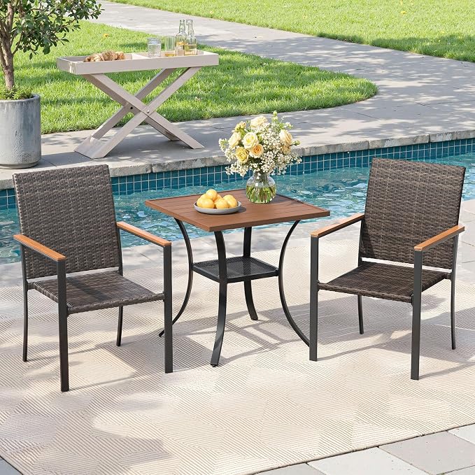 Small Patio Dining Set for 2, 27.5" Square Metal Table and Stackable Wicker Patio Chairs, Outdoor Furniture Set for Porch Garden, Walnut Chairs, Walnut Table
