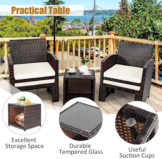 Tangkula 5 Pieces Wicker Patio Conversation Set, PE Rattan Outdoor Chairs & Ottomans Set with Single-Door Storage Coffee Table, Space-Saving Patio Furniture for Poolside, Backyard, Lawn, Deck (White)