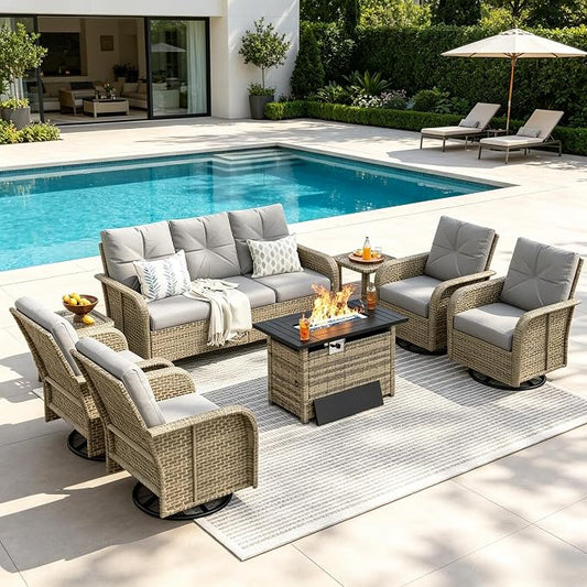 LazySunsets Luxury 10-Piece Patio Furniture Set with 44'' Fire Pit Table, Wicker Rattan Sofa with Thick Cushion, Outdoor Conversation Set for Backyard, Poolside & Garden, Beige/Gray